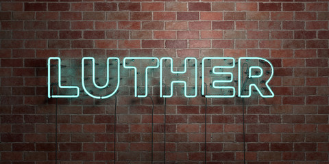 LUTHER - fluorescent Neon tube Sign on brickwork - Front view - 3D rendered royalty free stock picture. Can be used for online banner ads and direct mailers..