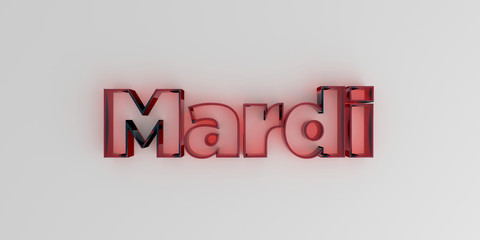 Mardi - Red glass text on white background - 3D rendered royalty free stock image.