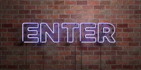 ENTER - fluorescent Neon tube Sign on brickwork - Front view - 3D rendered royalty free stock picture. Can be used for online banner ads and direct mailers..
