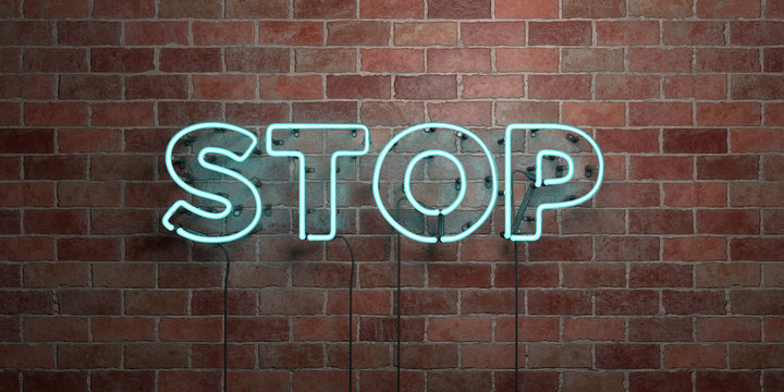 STOP - fluorescent Neon tube Sign on brickwork - Front view - 3D rendered royalty free stock picture. Can be used for online banner ads and direct mailers..