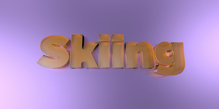 Skiing - colorful glass text on vibrant background - 3D rendered royalty free stock image.