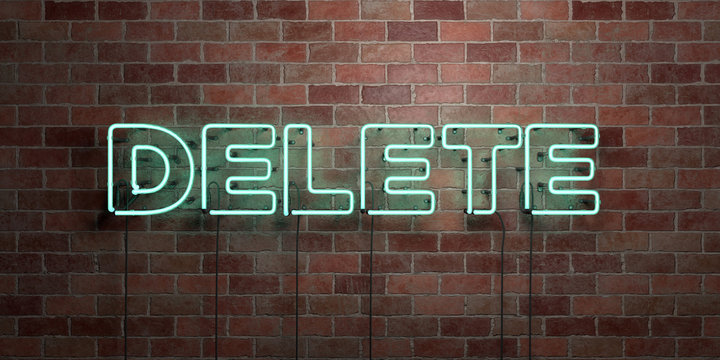 DELETE - fluorescent Neon tube Sign on brickwork - Front view - 3D rendered royalty free stock picture. Can be used for online banner ads and direct mailers..