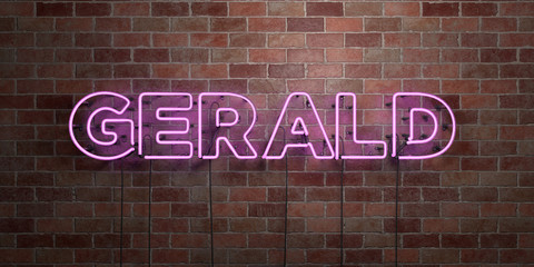 GERALD - fluorescent Neon tube Sign on brickwork - Front view - 3D rendered royalty free stock picture. Can be used for online banner ads and direct mailers..