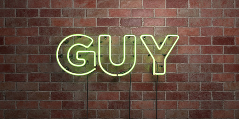 GUY - fluorescent Neon tube Sign on brickwork - Front view - 3D rendered royalty free stock picture. Can be used for online banner ads and direct mailers..