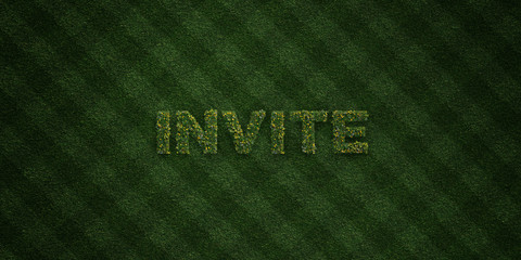 INVITE - fresh Grass letters with flowers and dandelions - 3D rendered royalty free stock image. Can be used for online banner ads and direct mailers..