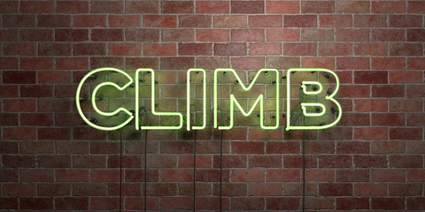 Fototapeta premium CLIMB - fluorescent Neon tube Sign on brickwork - Front view - 3D rendered royalty free stock picture. Can be used for online banner ads and direct mailers..