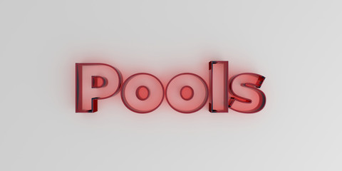 Pools - Red glass text on white background - 3D rendered royalty free stock image.