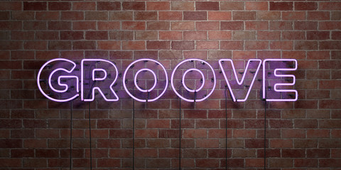 GROOVE - fluorescent Neon tube Sign on brickwork - Front view - 3D rendered royalty free stock picture. Can be used for online banner ads and direct mailers..