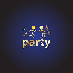 Party People Isolated On Blue Background,Vector Illustration,Graphic Design.Golden Stick Figure Dancing.For Web Site,Poster,Placard,Wallpaper,T-Shirt And Apparel.Partying Symbols