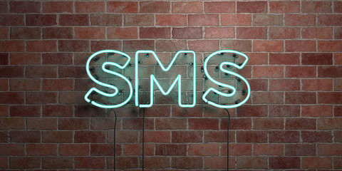 SMS - fluorescent Neon tube Sign on brickwork - Front view - 3D rendered royalty free stock picture. Can be used for online banner ads and direct mailers..