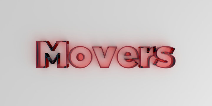 Movers - Red glass text on white background - 3D rendered royalty free stock image.