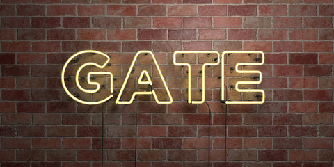 GATE - fluorescent Neon tube Sign on brickwork - Front view - 3D rendered royalty free stock picture. Can be used for online banner ads and direct mailers..