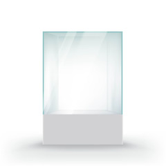 Glass showcase for the exhibition in the form of a cube.