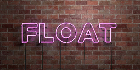Fototapeta na wymiar FLOAT - fluorescent Neon tube Sign on brickwork - Front view - 3D rendered royalty free stock picture. Can be used for online banner ads and direct mailers..