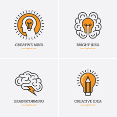 Four icons with human head, brain and light bulb