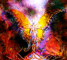 butterfly in cosmic space. in fire flame. graphic design and glass effect.