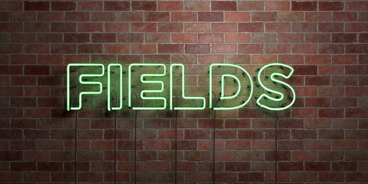 FIELDS - fluorescent Neon tube Sign on brickwork - Front view - 3D rendered royalty free stock picture. Can be used for online banner ads and direct mailers..