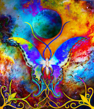 butterfly in cosmic space and moon with ornament. Painting and graphic design.