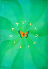 butterfly and litle gold dancing ellf on green background. Painting and graphic design.