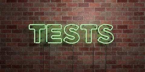 Fototapeta premium TESTS - fluorescent Neon tube Sign on brickwork - Front view - 3D rendered royalty free stock picture. Can be used for online banner ads and direct mailers..