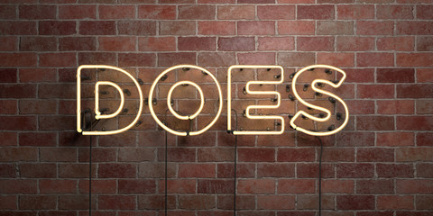 DOES - fluorescent Neon tube Sign on brickwork - Front view - 3D rendered royalty free stock picture. Can be used for online banner ads and direct mailers..