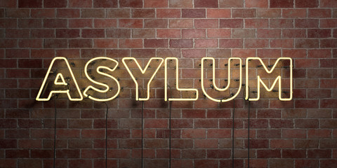 ASYLUM - fluorescent Neon tube Sign on brickwork - Front view - 3D rendered royalty free stock picture. Can be used for online banner ads and direct mailers..
