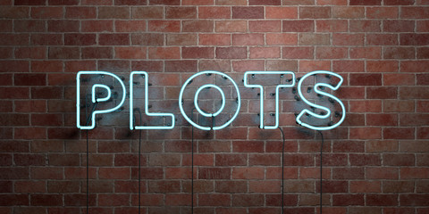 PLOTS - fluorescent Neon tube Sign on brickwork - Front view - 3D rendered royalty free stock picture. Can be used for online banner ads and direct mailers..