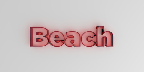 Beach - Red glass text on white background - 3D rendered royalty free stock image.