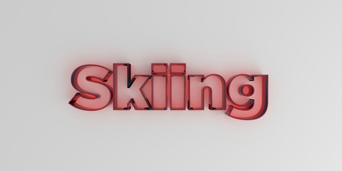 Skiing - Red glass text on white background - 3D rendered royalty free stock image.