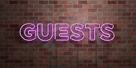GUESTS - fluorescent Neon tube Sign on brickwork - Front view - 3D rendered royalty free stock picture. Can be used for online banner ads and direct mailers..