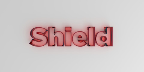 Shield - Red glass text on white background - 3D rendered royalty free stock image.