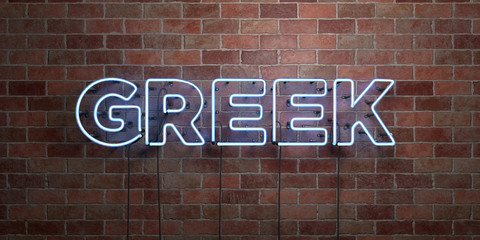 Fototapeta na wymiar GREEK - fluorescent Neon tube Sign on brickwork - Front view - 3D rendered royalty free stock picture. Can be used for online banner ads and direct mailers..