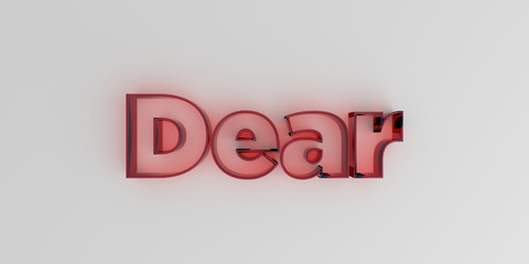 Dear - Red glass text on white background - 3D rendered royalty free stock image.