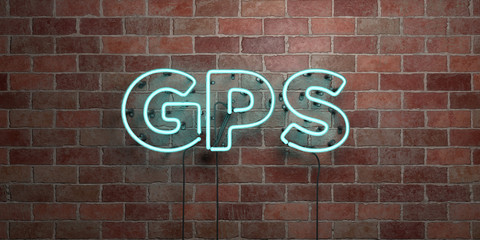 GPS - fluorescent Neon tube Sign on brickwork - Front view - 3D rendered royalty free stock picture. Can be used for online banner ads and direct mailers..