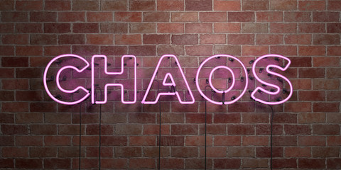 CHAOS - fluorescent Neon tube Sign on brickwork - Front view - 3D rendered royalty free stock picture. Can be used for online banner ads and direct mailers.. - obrazy, fototapety, plakaty