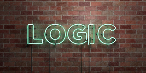 LOGIC - fluorescent Neon tube Sign on brickwork - Front view - 3D rendered royalty free stock picture. Can be used for online banner ads and direct mailers..