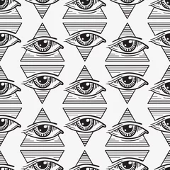 Deurstickers Ogen naadloos patroon van het oog in de driehoek in de stijl van tatoeages
