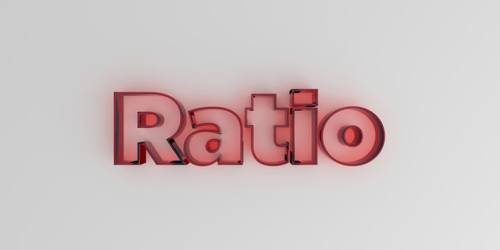 Ratio - Red glass text on white background - 3D rendered royalty free stock image.