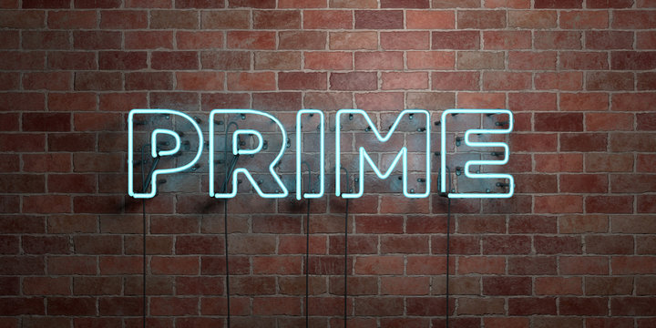 PRIME - fluorescent Neon tube Sign on brickwork - Front view - 3D rendered royalty free stock picture. Can be used for online banner ads and direct mailers..