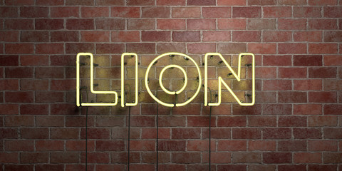 LION - fluorescent Neon tube Sign on brickwork - Front view - 3D rendered royalty free stock picture. Can be used for online banner ads and direct mailers..