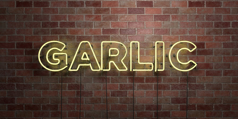 GARLIC - fluorescent Neon tube Sign on brickwork - Front view - 3D rendered royalty free stock picture. Can be used for online banner ads and direct mailers..