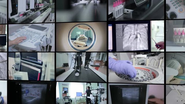 Medical, modern pharmacy eqipment composition, Split screen videowall. Medicine concept. 4K