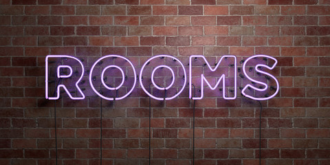 Fototapeta premium ROOMS - fluorescent Neon tube Sign on brickwork - Front view - 3D rendered royalty free stock picture. Can be used for online banner ads and direct mailers..