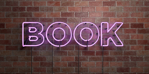 BOOK - fluorescent Neon tube Sign on brickwork - Front view - 3D rendered royalty free stock picture. Can be used for online banner ads and direct mailers..