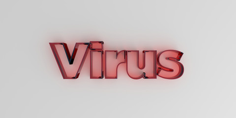 Virus - Red glass text on white background - 3D rendered royalty free stock image.
