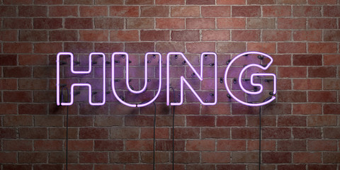 Fototapeta premium HUNG - fluorescencyjny neon świetlny znak na cegle - widok z przodu - 3D renderowane zdjęcie royalty free. Może być używany do banerów reklamowych online i bezpośrednich przesyłek pocztowych.