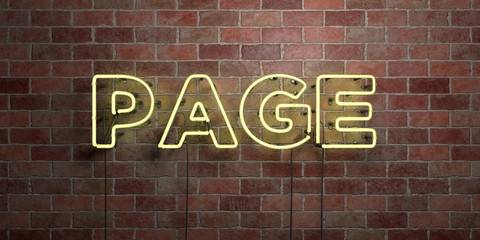 PAGE - fluorescent Neon tube Sign on brickwork - Front view - 3D rendered royalty free stock picture. Can be used for online banner ads and direct mailers..