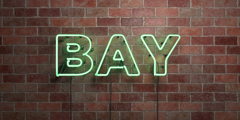 BAY - fluorescent Neon tube Sign on brickwork - Front view - 3D rendered royalty free stock picture. Can be used for online banner ads and direct mailers..