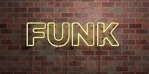 FUNK - fluorescent Neon tube Sign on brickwork - Front view - 3D rendered royalty free stock picture. Can be used for online banner ads and direct mailers..