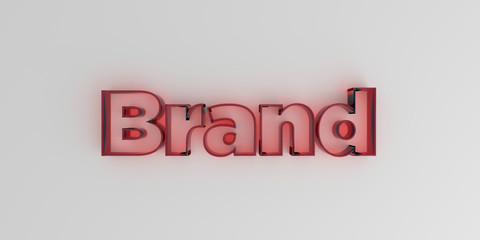 Brand - Red glass text on white background - 3D rendered royalty free stock image.